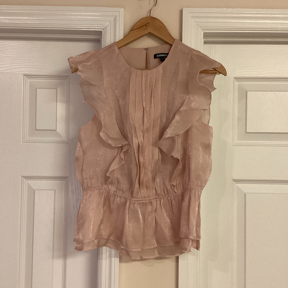 Express Pink Shimmer Ruffle Peplum Top - Picture 2 of 8